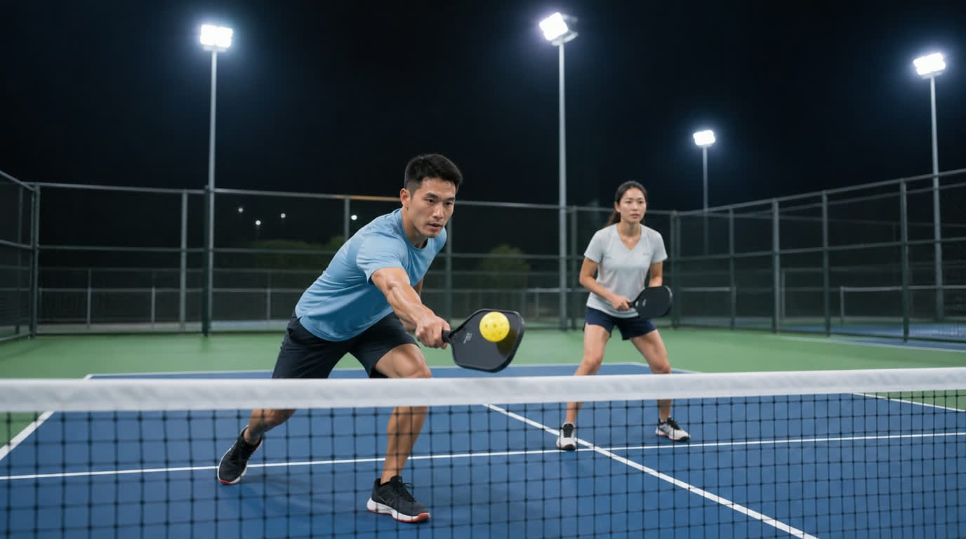 chơi Pickleball dưới ánh đèn - xử lý bóng bổng, chói sáng và thích nghi sân buổi tối